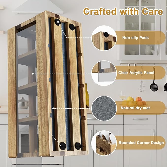 Acacia Rustic Wood Utensil Holder, Extra Large Cooking Holder with Drying Stone Base and 8 Compartments, Farmhouse Kitchen Countertop Organizer