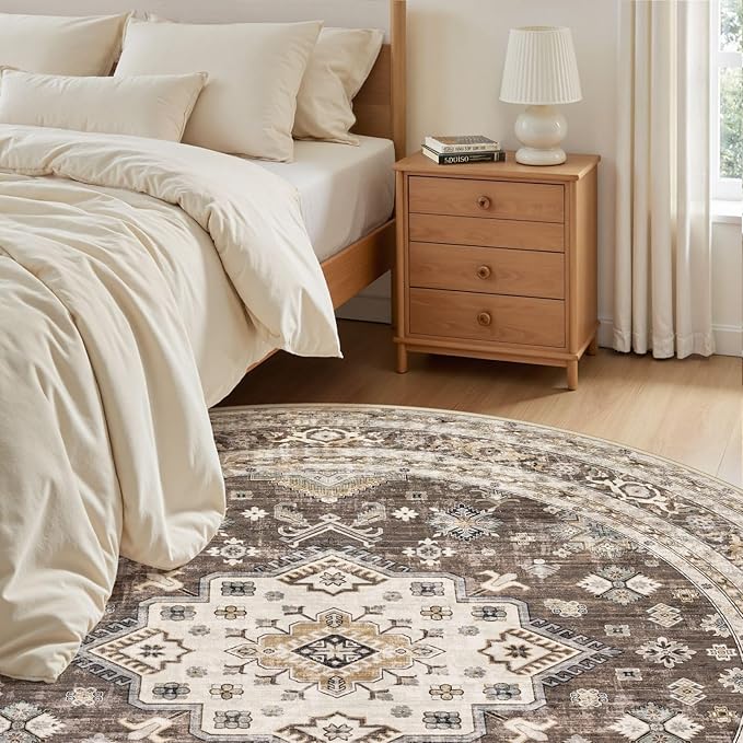 6ft Round Vintage Living Room Area Rug - 6x6 Large Soft Washable Oriental Traditional Distressed Farmhouse Rugs for Bedroom - Indoor Floor Accent Carpet for Home Office House Decor - Dark Brown