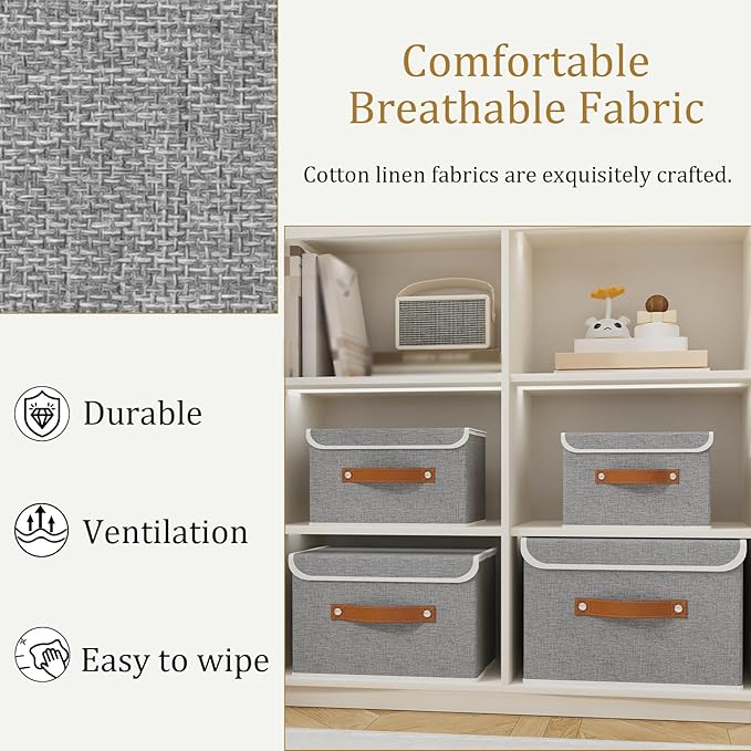 OUTBROS Storage Boxes, Collapsible Storage Bins with Lids, Cotton and linen cloth Storage Baskets with Handle, for Books, Closet, Bedroom, Home, 10.2x7.9x6.7 in, Grey