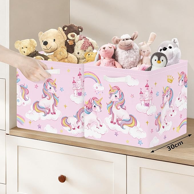 Clastyle 3 pcs Unicorn Cube Storage Unit Bin with Metal Frame Rainbow Kallax Box for Shelves Parents Closet Organizer Basket for Book Clothes Toy Organizer, Crown, 11.8x11.8x11.8 in