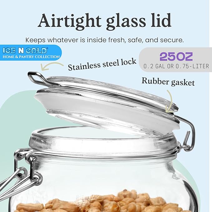 Airtight Glass Storage Jars with Clamp Lid – Food Storage Containers with Rubber Gasket Seal – Pantry & Kitchen Canisters for Dry Goods, Coffee, Sugar, Pasta – 0.4L to 4L Sizes (4, 25oz | 0.75L)