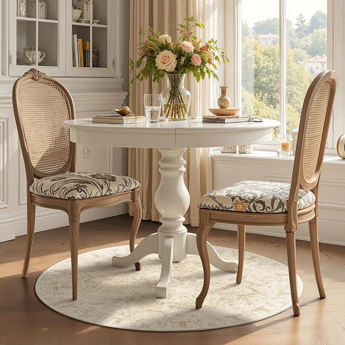 Beige Round Rugs 4ft, Low Pile Thin Washable Non Slip Small Circle Rug for Entryway Kitchen Dining Room, Tranditional Medallion Distressed Neutral Round Carpet for Bedroom Living Room
