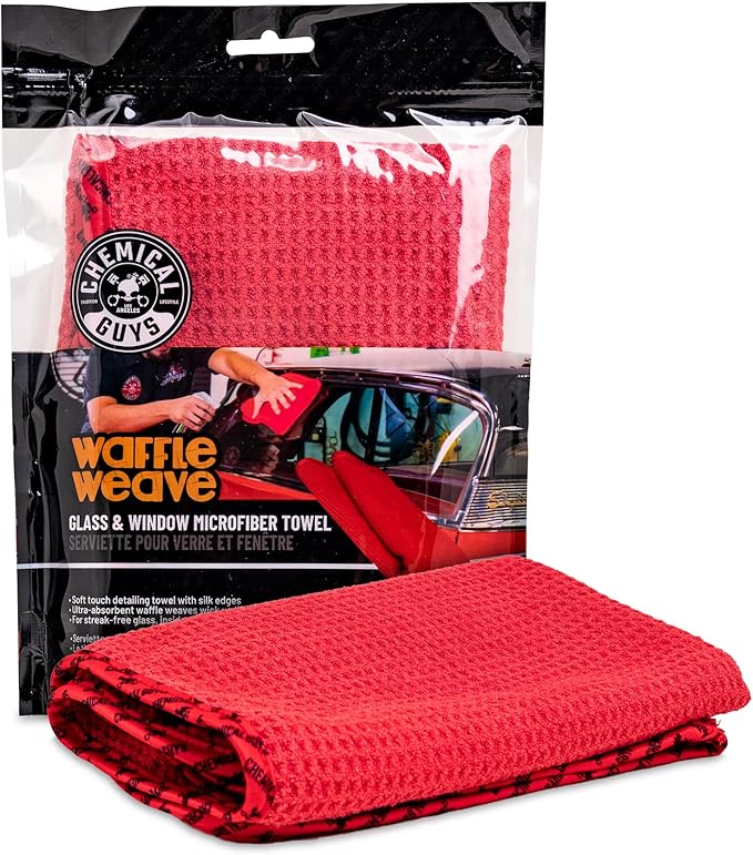 Chemical Guys MIC_506_24 Professional Grade Premium Microfiber Towels, Gold - Safe for Car Wash, Home Cleaning & Pet Drying Cloths & MIC707 Waffle Weave Glass and Window Microfiber Towel, Red