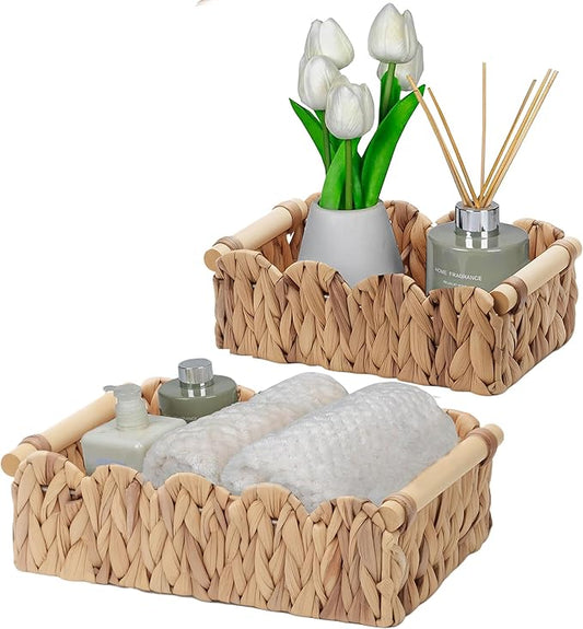 Water Hyacinth Scalloped Edge Baskets with Wood Handle, Set of 2 – Handwoven Natural Decor Storage Bins for Bathroom, Vanity & Farmhouse Home Style