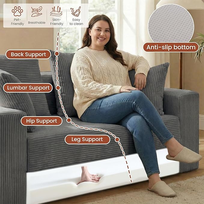 Convertible Sofa Bed, 5 In 1 Small Boneless Couch Pull Out Loveseat Sleeper Sofa,Corduroy Futon Couch Folding Mattress with 4 Pillows for Living Room Bedroom Lounge (No Assembly) (Gray, 58Inch)