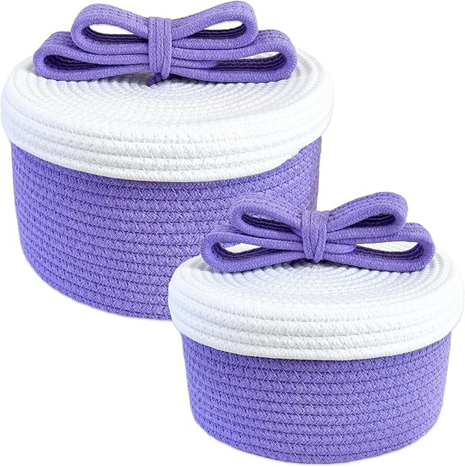 Cute Small Toy Box & Storage Baskets with Lids, Round Woven Rope Basket with Bunny & Bow Handle, Decorative Home Decor for Easter Gifts, Kids & Pets (Lavender)
