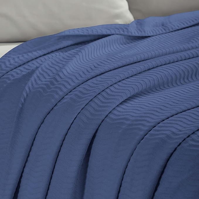 Superior JENA Cotton Blanket Picnic, Beach, Traveling or Camping, Bedroom, Essentials, Cover for Bed, Couch, Lounging, Textured Jacquard, Modern Chevron Woven Blanket, California King, Merritt Blue