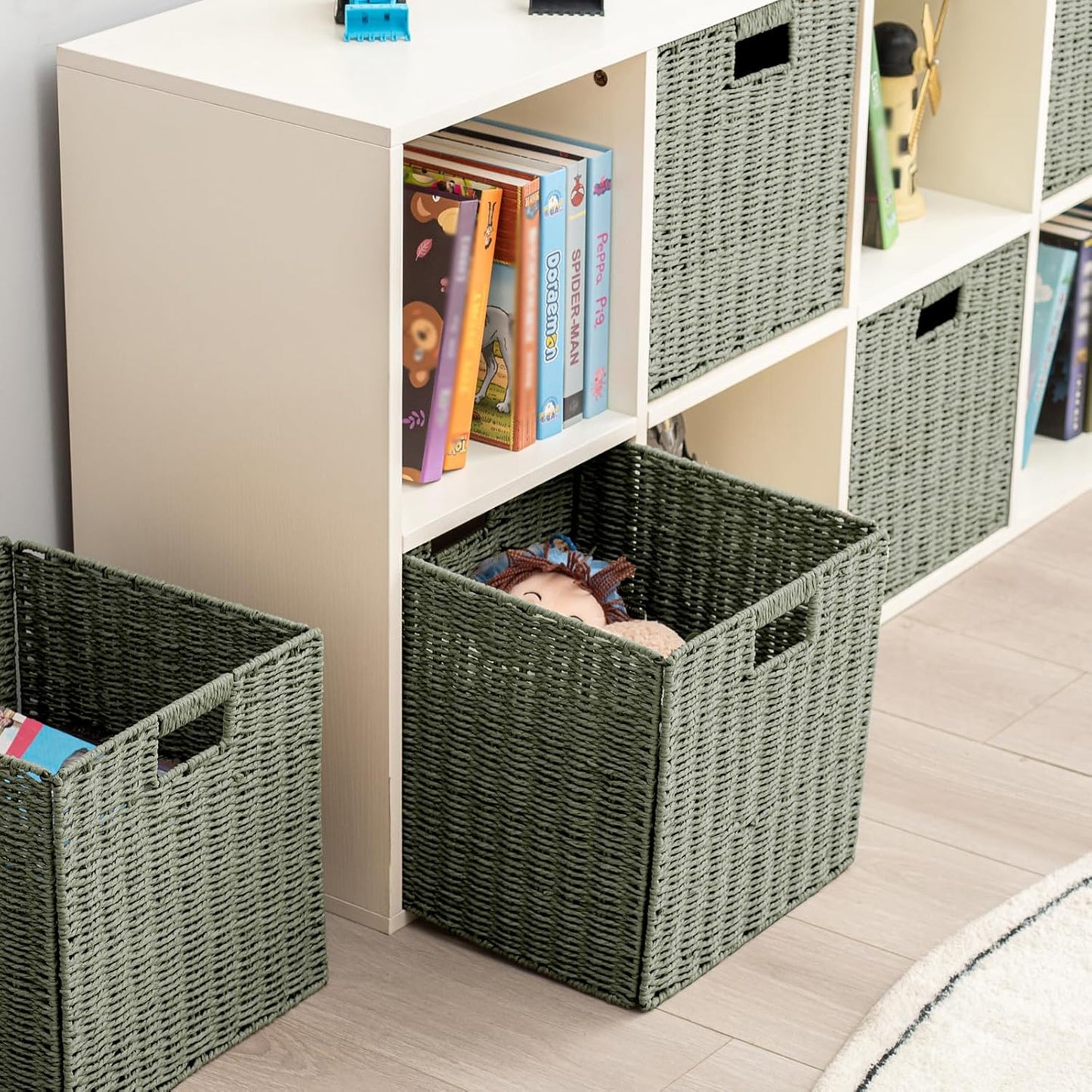 Handwoven Paper Woven Cube Basket Organizer with Handles set of 4 Foldable Storage baskets for Bedroom Living Room Cubby Storage Units for Clothes Books Toys (Green, 13" L x 13" W x 13" H)