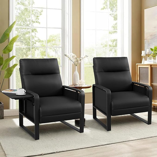 Black PU Leather Accent Chairs Set of 2 with Side Table Modern Upholstered Armchair Leisure Chairs for Living Room Bedroom Office Club Chair