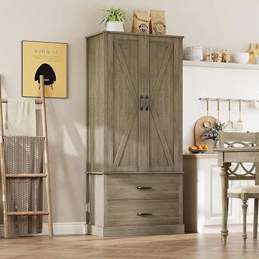 IDEALHOUSE Kitchen Pantry Storage Cabinet with Barn Doors, Drawer, and 2 Adjustable Shelves, Freestanding Tall Hutch with Microwave Stand for Kitchen, Dining Room, Rustic Gray