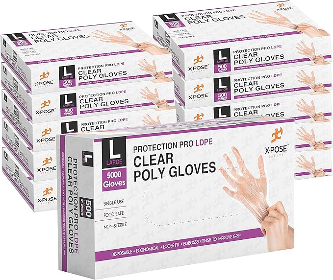Xpose Safety Disposable Food Prep Poly Gloves - Transparent Embossed Latex Free Kitchen, Plastic Gloves for Food Handling