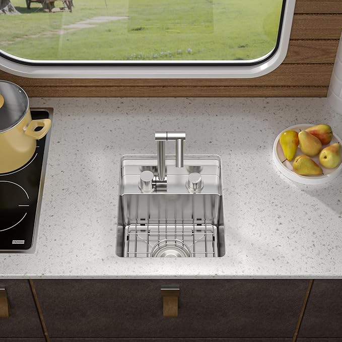 13"x15" Undermount RV Kitchen Sink – 16 Gauge 304 Stainless Steel Under Counter Single Bowl Sink Basin with Foldable Faucet for RV, Camper, Mobile Home, Wet Bar, Outdoor Kitchen