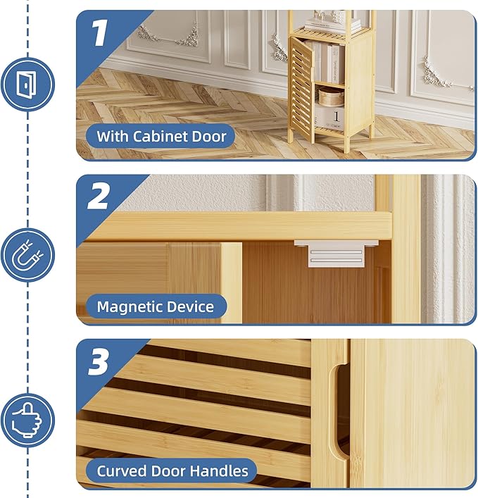 HITNET Bathroom Cabinet Freestanding, Small Bamboo Floor Cabinet, 4 Tier Single Door Sofa Side Table Storage Organizer, Space Saving Kitchen Cupboard, Natural
