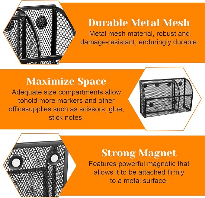 2 Pack Strong Magnetic Pen Holder, 3-Grid Mesh Organizer Basket For Whiteboard Refrigerator Locker, Space Saving Shelf For Office Home