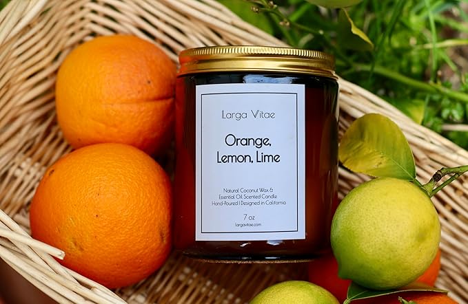 Orange, Lemon, Lime Coconut Wax Candle Non Toxic Aromatherapy Candle with Essential & Prime Rated Natural Fragrance Oils, Clean Burning Amber Jar Candle, 7 oz Small Batch