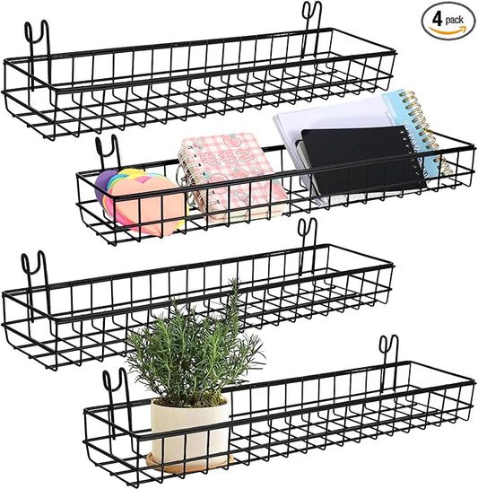 4 Pcs 15.75 x 3.94 x 1.97 Inch Metal Grid Wall Baskets with Hooks Grid Wall Shelves Hanging Wire Basket Multi Function Storage Organizer for Kitchen Organizing Display (Black)