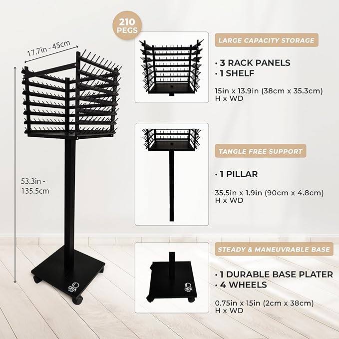 Braiding Hair Rack, Hair Extension Holder, Hair Braiding Tools, Hair Product Organizer, Wooden 3-Sided Rack Stand, Large Capacity (210 pegs)