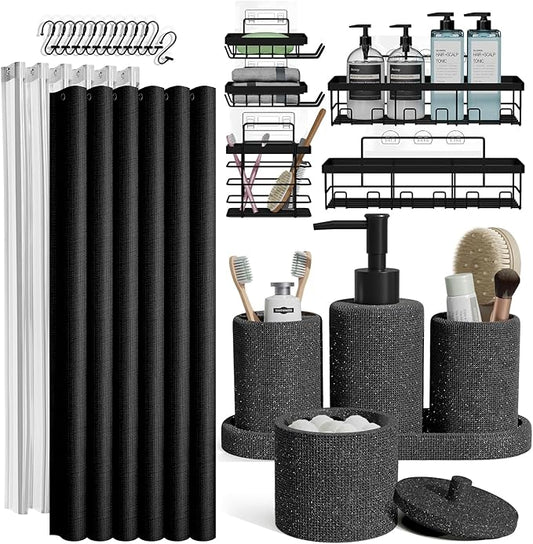 Clara Clark Bathroom Set - Coal Black Bathroom Accessories Set, 24PC Bathroom Accessory Set, Bathroom Sets with Shower Curtain Set, Adhesive Corner Shower Caddy Hanging & Soap Dispenser