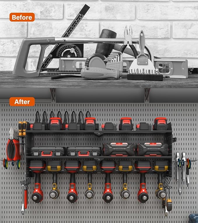 JUNNUJ Large Pegboard Power Tool Organizer with Charging Station, 8 Drills Driver and Tools Battery Holder Wall Mount with 8 Outlet 10 FT Power Strip, Black 3-Layer Shop Garage Storage Utility Rack