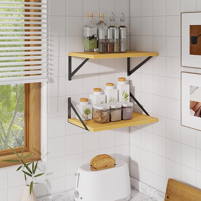 Floating Shelves for Wall,18" Wall Mounted Shelves Set of 2,Wood Floating Shelf with Bracket,Sturdy Metal Bracket Bookshelves Home Decor Storage for Living Room,Bedroom,Bathroom,Kitchen,Oak