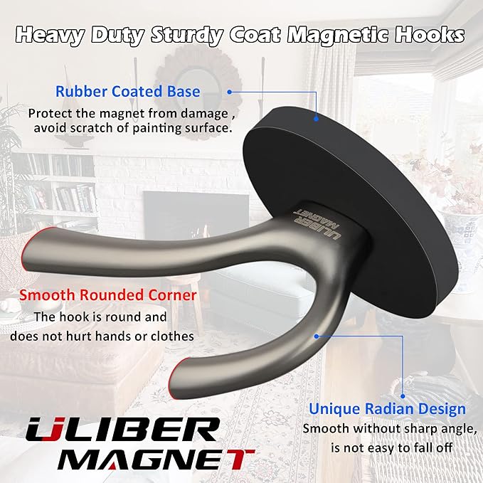 ULIBERMAGNET Strong Magnetic Double Hooks, 2 Pack Heavy Duty Sturdy Coat Magnetic Hangers, Rubber Magnets Large Hooks for Coat Robe Towel Key Hat (Brushed Nickel)