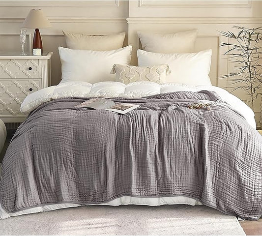 SANACYNA 100% Cotton Muslin Blanket 6-Layer Gauze Gray Grid Bed Blanket Lightweight Soft and Breathable Queen Blanket for Sofa Couch Bed Coverlet Both Sides (Grey, Queen 90" X 90")