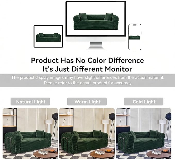 83'' Boneless Couch in A Box, No Assembly Needed Sofa Bed Couch 3 Seater Corduroy Modern Cloud Sofa 29'' Deep Seat with 2 Pillows & Removable Backrest for Living Room, Bedroom, Apartment, Dark Green | No Assembly Needed, High Density Foam, Removable Ba...