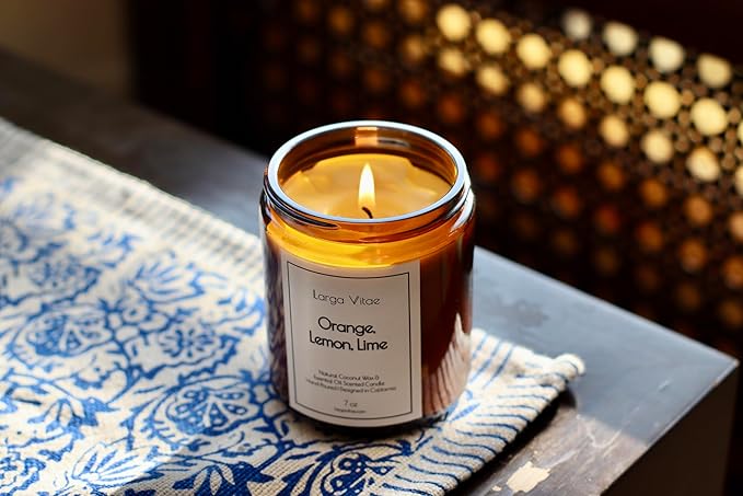 Orange, Lemon, Lime Coconut Wax Candle Non Toxic Aromatherapy Candle with Essential & Prime Rated Natural Fragrance Oils, Clean Burning Amber Jar Candle, 7 oz Small Batch