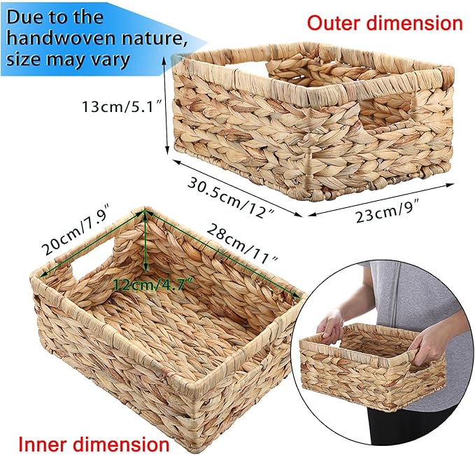 Hipiwe Water Hyacinth Storage Basket Bin Handwoven Decorative Basket Wicker Basket Box with Handles Small Open Home Storage Bins Containers for Shelf Pantry Organizing,12”x9"