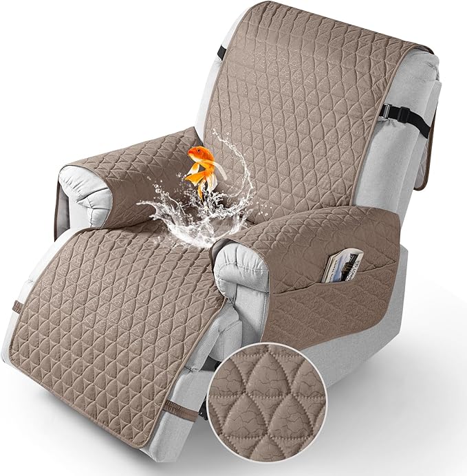 TAOCOCO 100% Waterproof Recliner Cover - Recliner Chair Cover with Non-Slip Granule, Elastic Band, Storage Pockets (Taupe, Large-28'')