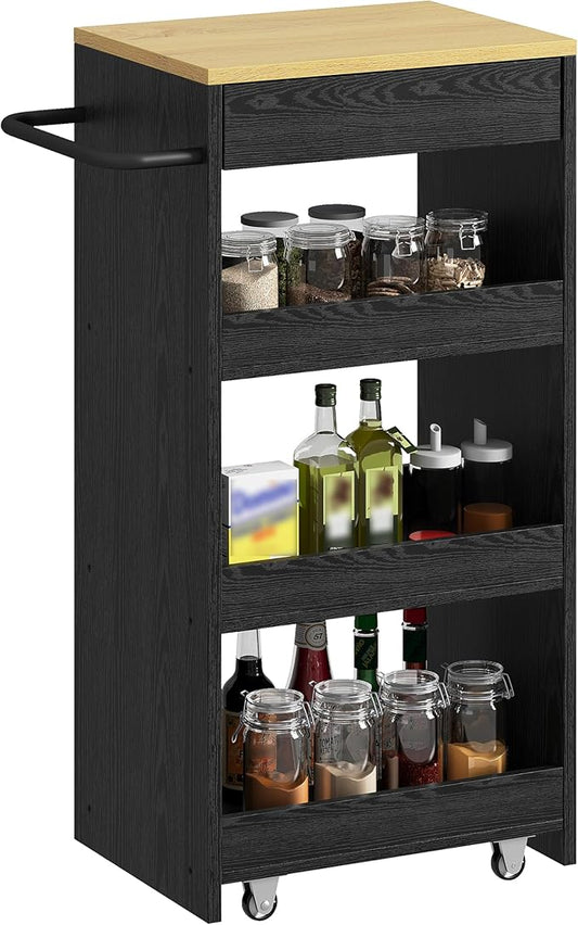 IRONCK Wood Storage Cart 15.8" W, 4 Tier Rolling Kitchen Cart on Wheels, Slide Out Utility Cart, Organizer Trolley with Handle, Drawer for Kitchen, Laundry, Bathroom, Black