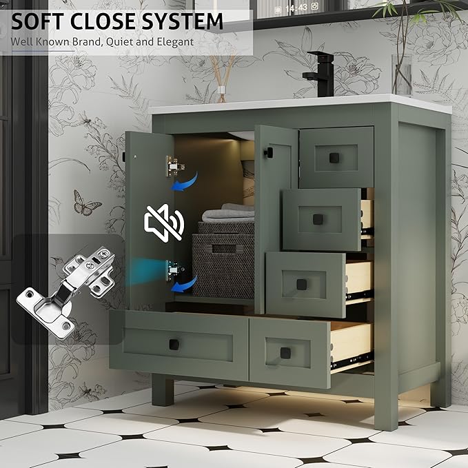 eclife 30" Bathroom Vanities with Sink Combo, Modern Thickened Wood Bathroom Storage Cabinet w/Undermount Sink, Matte Black Faucet Drain, Painted Surface, Green