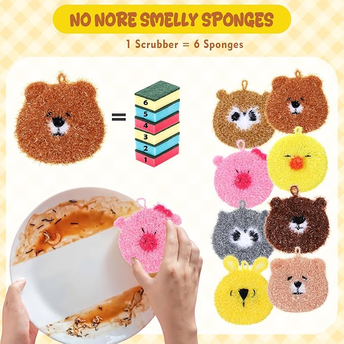 16 Pcs Dish Scrubber Non Scratch Dish Washing Scrubbers Reusable Household Cleaning Kitchen Tools for Dishwashing Washing Dishes Cookware Tubs Sinks (Animal)