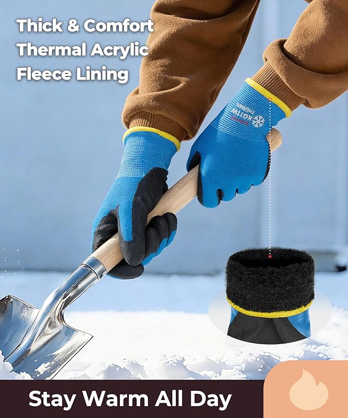 12 Pairs Winter Work Gloves for Men and Women, Thermal Insulated Safety Work Gloves PU Coated, Super Grip,Ideal for Freezer Work,Blue,L