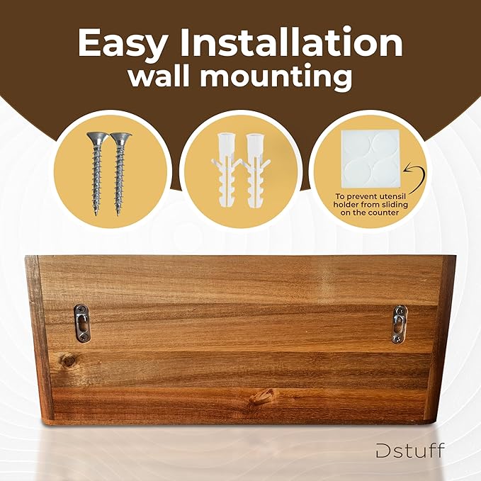 Dstuff Large Kitchen Utensil Holder Organizer for Counter or Countertop, Wooden Storage Container for Cooking and Silverware, Acacia Rustic Wood (4 Compartments)