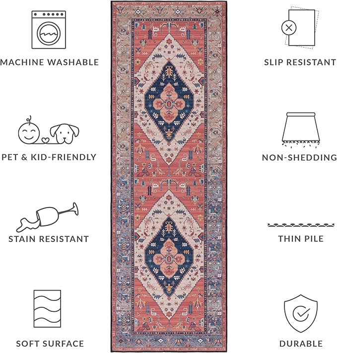 SAFAVIEH Washable Rug Tucson Collection - 2'6' x 8' Runner, Rust & Blue, Slip Resistant & Easy to Clean, Ideal for Hallway, Foyer, Entryway, Bedroom (TSN153P)