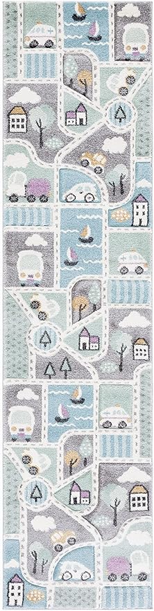 SAFAVIEH Carousel Kids Collection Area Rug - 2'3" x 10' Runner, Grey/Light Blue, Geometric Design, Ideal for High Traffic Areas in Living Room, Bedroom, Dining (CRK193F)