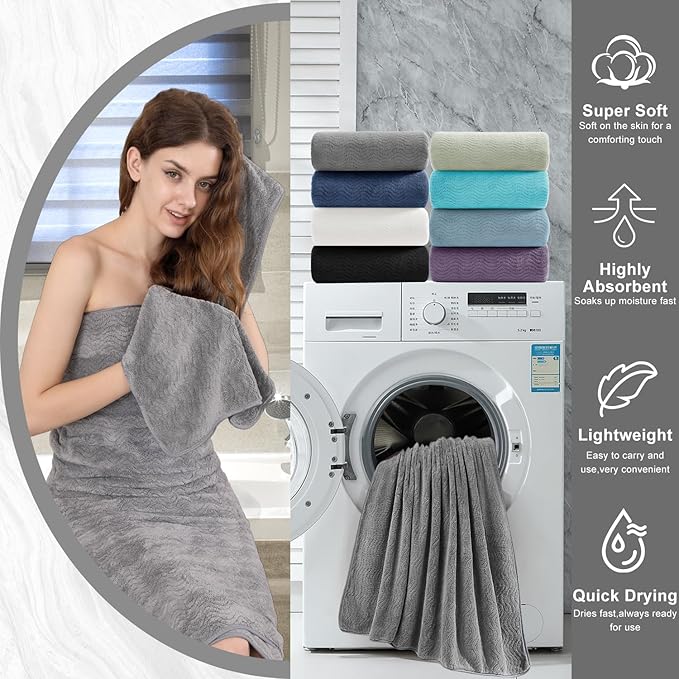 8 Piece Bath Towel Set Grey — 2 Oversized Large Bath Sheet,2 Hand Towels,4 Washcloths — Ultra Soft Cozy Bath Towel Set for Bathroom Hotel Gym Spa,Highly Absorbent & Quick Dry Bathroom Towel Collections