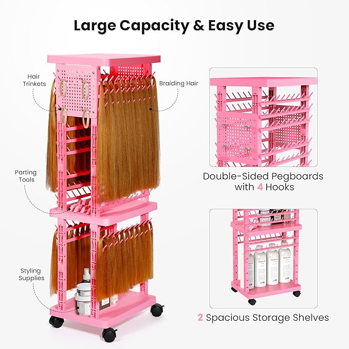 Braiding Rack with Tools, 2-Sided Hair Rack Braid Stand with Wheels, 220 Pegs Standing Hair Separator Divider Extension Holder Hanger Perm Accessories for Salon Home