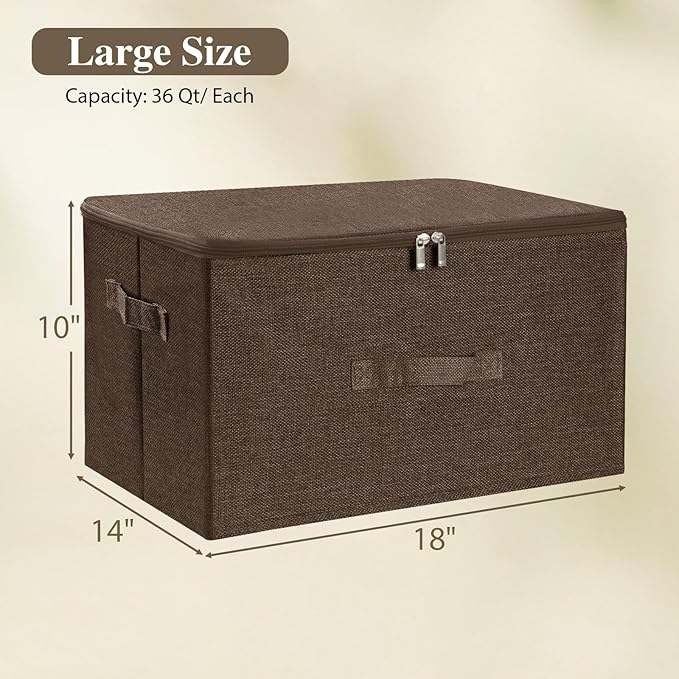 ANMINY Storage Bins with Zipper Lid Storage Boxes with Handles PP Plastic Board Foldable Lidded Cotton Linen Fabric Home Cubes Baskets Closet Clothes Toys Organizer Containers - Coffee, Medium Size
