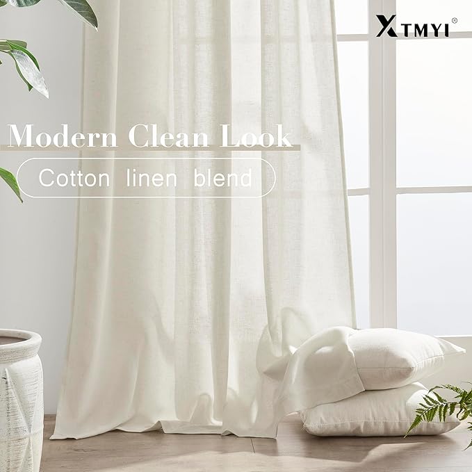 XTMYI Linen Drapery 92 Inch Curtains Length 2 Panels Set Back Tab Sheer Window Curtains Living Room Bedroom,50x92 in Long,Cream(Ivory/Off White)