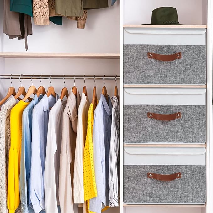 Yawinhe Collapsible Storage Bin, Cube Organizer Basket, Fabric Box with Lids, Washable and Leather Handle, for Home, Closet, White/Grey, 13.0''Lx9.0''Wx7.9''H, 3-Pack, SNK024WGS-3