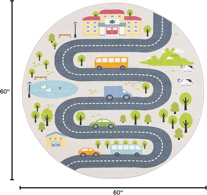 SAFAVIEH Washable Rug Kids Playhouse Collection - 5' Round, Beige & Green, Slip Resistant & Easy to Clean, Ideal for Kids Room, Playroom, Nursery, Boys & Girls Room (KPH227A)