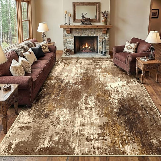 Washable Area Rugs 10'x14 Non-Slip Modern Abstract Soft for Living Room Entryway Bedroom Nursery, Print Pattern, Brown Tan Beige Coffee