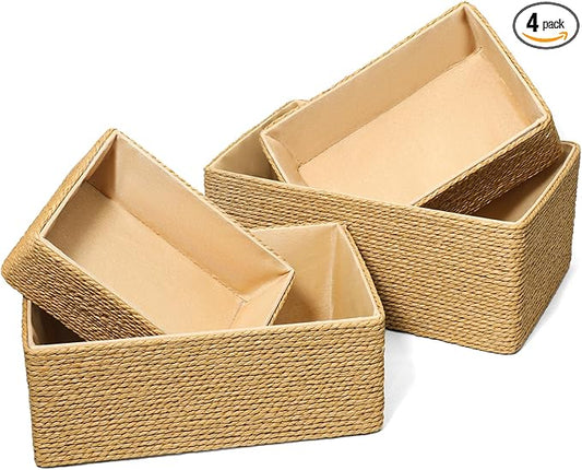 4 Set Wicker Storage Basket Hand Woven Paper Rope Storage Baskets Decorative Fruit Basket Stackable Wicker Baskets for Shelves Drawer Cupboards Organizing