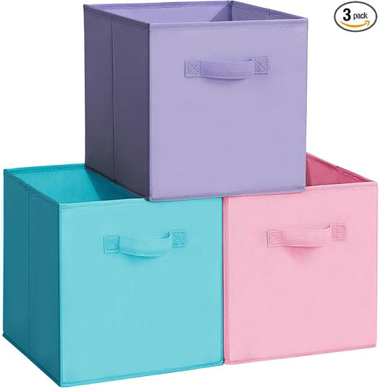 11x11 Storage Bins, Set of 3 Storage Cubes, Collapsible Cube Storage Box, Fabric Closet Organizers with Handles for Home, Office, Closet Shelf Cabinet, Bookcase, Multi-Color