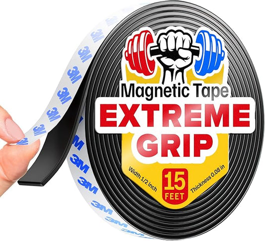 Super Sticky Magnetic Tape (15 feet x 1/2 inch) - Stong Magnet Strip with Adhesive Backing for DIY & Crafts - Easy to Cut and Mount on Fridges, Whiteboards & More