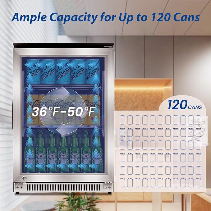 20 Inch Beverage Refrigerator Cooler,Under Counter Drink Fridge with Glass Door, Built-in or Freestanding, Quiet Compressor Cooling, 120 Can Capacity for Beer and Soda