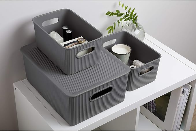 Decorative Plastic Basket Lidded Home Storage Bins Organizer Baskets, Large Grey (1 Pack - 15 Liter) Stackable Container Box, for Organizing Closet Storage Bins for Shelves - Ribbed Collection