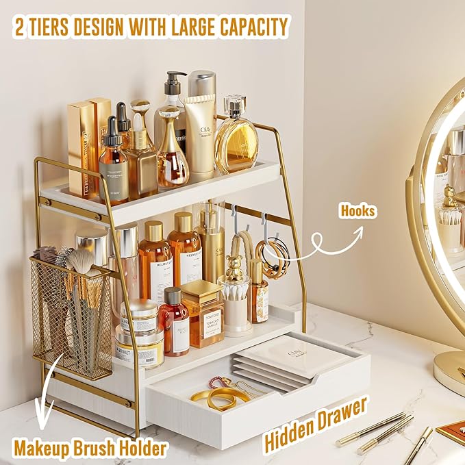 2 Tier Bathroom Counter Organizer Wood - Tiered Bathroom Countertop Shelf with Drawer, Removable Basket & 2 Hooks, Makeup Vanity Organizer for Skincare Perfume Toiletries, 13'' White Gold